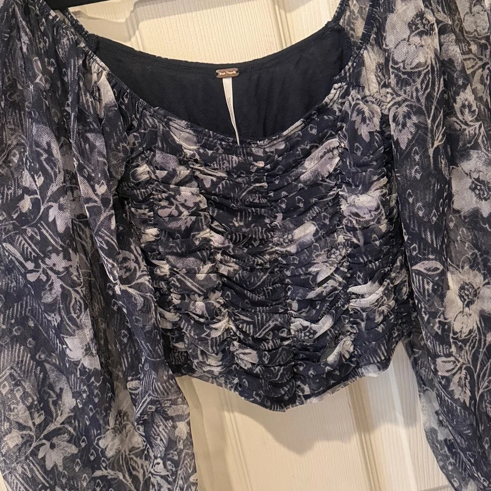 Free People Lilia navy floral runched mesh top, small